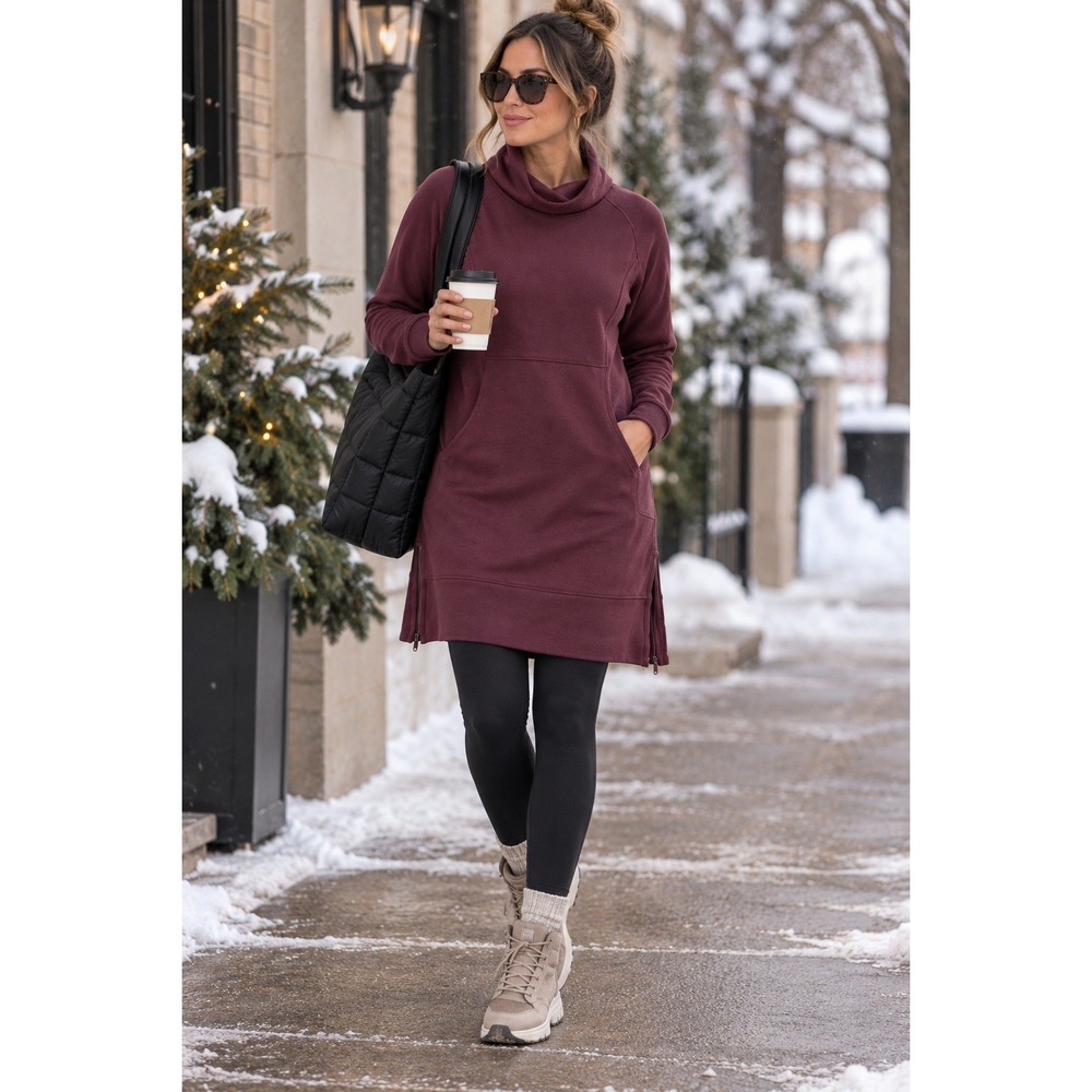Athleta Cozy Karma Funnel Neck Sweater Dress Size L Burgundy
